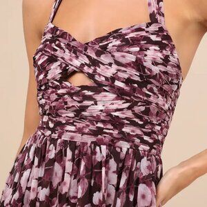Lulus Plum Purple Floral Pleated Halter Maxi Dress